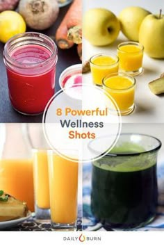 several different shots of fruit and vegetables with text overlay that reads, 8 powerful well - balanced wellness shots