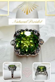 Green Peridot Ring Description Speechless Design#103 MADE TO ORDER Inspired by Victorian era filigree designs, I now offer this stunning Antique inspired ring in sterling silver. This fabulous ring is set with a 6ct stunning natural green peridot gemstone. The round full cut high-quality gemstone is 12mm (just shy of 1/2th of an inch) in diameter, and has very good color and clarity. The inside of the band is marked 925 for sterling. Notice the beautiful intricate bow and floral-like design of t Green Jewelry With Round Cut Accent Stones, Heirloom Green Jewelry With Center Stone, Green Rings With Intricate Design For Gift, Round Green Gemstones For Wedding, Green Wedding Gemstones For May Birthstone, Heirloom Style Green Jewelry With Accent Stones, Formal Peridot Jewelry For May Birthstone, Elegant Green Ring With Round Stone, Green Elegant Filigree Ring For Formal Occasions