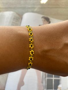 📏 Bracelet smallest size is XS - 6,1(15,5) cm in with an adjustable clasp closure   *can be made to order by request too  Made  with love from:  miyuki glass beads 2mm,  crystal beads 2mm,  stainless steel Everyday Yellow Beaded Friendship Bracelets, Everyday Flower-shaped Beaded Bracelets, Yellow Bohemian Flower Bracelets, Dainty Adjustable Yellow Jewelry, Dainty Yellow Jewelry With Tiny Beads, Handmade Flower Friendship Bracelets In Yellow, Adjustable Yellow Flower Beaded Bracelets, Handmade Yellow Flower Friendship Bracelets, Dainty Handmade Yellow Bracelets