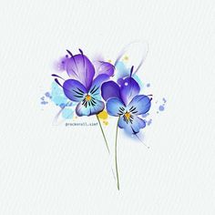 three purple flowers with watercolor splashs on the side and one blue flower in the middle