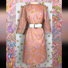 *Belt Not Included!* Rare! True 1960s Psychedelic Midi Dress. Vintage, Looks Like New Likely Never Worn. Would Be Fabulous With Go-Go Boots Or For Barbiecore Fans! Photos Do Not Do This Dress Justice It Has An Amazing Rainbow Pink Pattern. Era: 1960s Size: Large Bust: 43" Waist: 38" Hips: 41" [For Reference, I Tend To Fluctuate In Vintage And This Dress Was A Little Snug In The Hips For Me Otherwise I'd Keep Her Forever!] Retro Fitted Belted Dresses, Fitted Retro Belted Dress, Fitted Belted Dress For Spring, Vintage Dresses With Belt For Spring, Midi Dress Vintage, Go Go Boots, Gogo Boots, Dress Belt, Pink Pattern