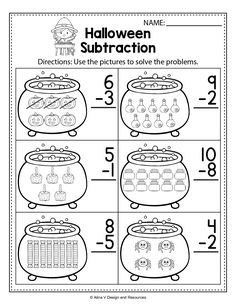 halloween subtraction worksheet with numbers and pictures to solve the problem for children