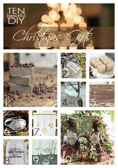 a collage of christmas gifts with candles and ornaments in the background, including soaps