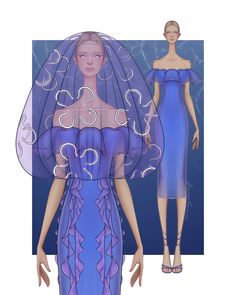 Fashion illustration & design by Diana Bacioi.
One look in two versions inspired by the moon jellyfish. 
Off the shoulder dress in purple-y blue color and purple edges with a purple veiled dome like cape embroidered with glowing circles on the zoomed in figure and on the left the same look but without the cape on a full standing figure. 
Background is a thick white border and a blue rectangle in the middle with water reflection on the top. Jellyfish Fashion Design, Fish Fashion, Moon Jellyfish, Dress Sketch, Princess Jellyfish