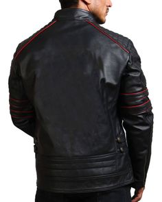 Black Biker Jacket with Red Stripes Add flair to your outfits with the AlexGear men's black biker jacket. Featuring minimalistic design, it blends urban aesthetics with classic style for a fashionable fusion. The rich noir hues exude grace and edgy elegance, making it perfect to wear on unforgettable journeys. This black biker jacket boasts a sleek and tailored silhouette for a polished and refined appearance and is crafted with 100% genuine leather. Red stripes on shoulders and sleeves add a bold pop of color, creating a striking combination against the black exterior. The standup collar not only enhances the visual appeal of this black biker real leather jacket but also shields against winds for a comfortable biking experience. Equipped with a full zipper closure for smooth fastening, pa Collarless Leather Jacket, Red Jacket Leather, Celebrity Inspired Outfits, Black Biker Jacket, Blue Leather Jacket, Leather Jacket With Hood, Cropped Leather Jacket, Fur Clothing, Real Leather Jacket