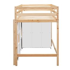 a wooden bunk bed with white drawers on the top and bottom shelf, against a white background