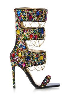 AZALEA WANG WARHOL MULTI EMBELLISHED SANDAL High Heel Gladiator Sandals, Jeweled Shoes, Azalea Wang, Jeweled Sandals, Rhinestone Shoes, Embellished Sandals, Leather Cushion, Women Sandals, High Heels Stilettos