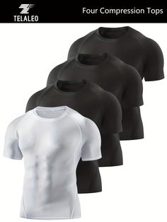 Introducing our Men's 4Pack Solid Stretch Compression Workout Shirts, designed to enhance your performance and comfort during any workout or sports activity. These shirts are made with a high-quality polyester material that provides medium stretch and a skinny fit, perfect for adult athletes all year round. Benefits of our Men's 4Pack Solid Stretch Compression Workout Shirts: Boost your performance with the compression technology that supports your muscles and reduces fatigue Stay comfortable during intense workouts with the breathable and moisture-wicking fabric Look stylish with the solid color design that is perfect for any sports scene Easily care for your shirts with machine wash instructions and enjoy the durability of the knit fabric Experience a flattering fit with the crew neck an Sporty Fitted Black Shirt, Black Fitted Sporty Shirt, Technical Compression T-shirt With Moisture-wicking, Fitted Black Shirt For Gym, Technical Short Sleeve Activewear For Sports, Compression Moisture-wicking T-shirt For Workout, Compression Moisture-wicking Workout T-shirt, Moisture-wicking Compression T-shirt For Workout, Black Moisture-wicking Sports Shirt