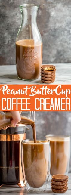 peanut butter cup coffee creamer is being poured into two cups