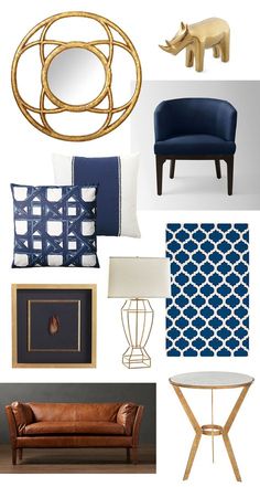 a collage of blue and white furniture, including a couch, chair, table, mirror