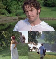 two pictures of people walking in the grass near water and one is looking at something