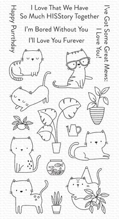 a rubber stamp with cats and plants on it