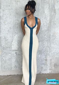 Buy Women's Sexy V-Neck Wide Shoulder Strap Contrasting Color Slim Chic Dress Beach Holidays Long Dress at BestDealBuys.com. Wholesale prices! Chic V-neck Bodycon Maxi Dress, V-neck Bodycon Maxi Dress For Beach, V-neck Bodycon Maxi Dress For Date Night, Fitted V-neck Dress For Vacation, V-neck Non-stretch Bodycon Dress, Bodycon V-neck Dress For Summer Date Night, Summer Bodycon V-neck Dress For Date Night, Elegant V-neck Bodycon Dress For Vacation, Beige Stretch V-neck Maxi Dress