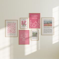 there are many framed pictures on the wall with pink and white flowers in each frame