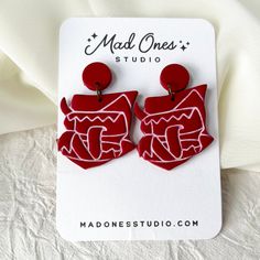 All earrings are crafted carefully by hand and are completely unique! Because of this, please allow for any slight variations and/or imperfections. All posts are nickel-free. For the newest designs, follow @madonesstudio on instagram! Handmade Red Plug Earrings As Gift, Artsy Red Earrings As A Gift, Magic Accessories, Handmade Clay Earrings, Letter Earrings, Accessories Handmade, Custom Earrings, Handmade Clay, Earrings Dangle