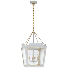 a white and gold hanging light fixture with four lights on the front, and one light in