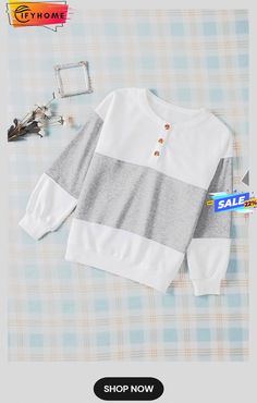 Gray Buttons Pullover Colorblock Sweatshirt Colorblock Sweatshirt, Color Block Sweatshirt, Color Blocking, On Sale, Sweatshirts, Grey, Free Shipping