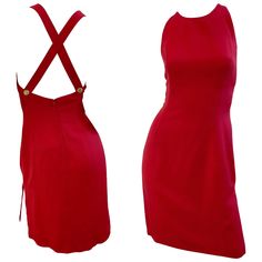 Chic mid 90s VALENTINO ‘ Miss V ‘ signature lipstick red halter cross-cross Rayon ( 90% ) and Linen ( 10%) dress ! Features a halter neckline for support that criss crosses in the back with two gold buttons. Hidden zipper up the back with hook-and-eye closure. The Miss V line was produced by Valentino with a more playful feel than his main line. Pieces were limited in quantity. Perfect for any day or evening event. Pair with wedges, sandals or flats for day, and heels or boots for evening. In gr 1990 Clothes, V Signature, Miss V, Cross Dress, Mid 90s, Sheer Gown, Vintage Valentino, Valentino Couture, Cashmere Dress