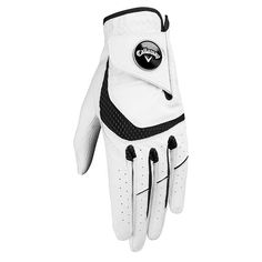 a pair of white golf gloves with black trimmings on the wrist and fingers