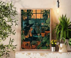 a painting on a wall with plants and potted plants