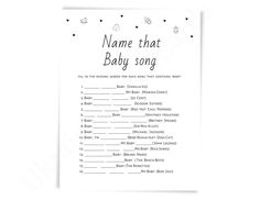 a baby shower game with the words name that baby song written in black and white