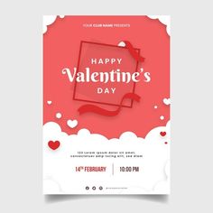 valentine's day flyer template with red and white paper heart shapes on the background