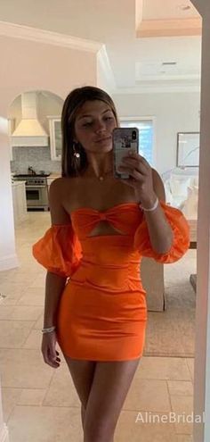 Simple Orange Off-Shoulder Strapless A-line Short Homecoming Dress, HD3237 1. Material:soft satin,pognee.2. Color: it can be in custom color, please contact us and tell us dress number, then we will send you more colors to choose.3, Size: can do both standard size and custom size. If you need do custom sized dresses, please send us following measurements or leave a note when place an order.bust______ cm/inchwaist______cm/inchhip:_______cm/inchdress length:_______cm/inchshoulder to shoulder :_______cm/inch (measured from back of shoulder)shoulder to bust :_______cm/inch (measured from middle shoulder to nipple)shoulder to waist :_______cm/inch (measured from middle of shoulder to natural waist)shoulder to floor with shoes on :_______cm/inch (length from middle of shoulder over nipple to flo Orange Homecoming Dresses Formal, Orange Hoco Dress Short Formal Approach, Winter Formal Dresses Short Orange, Short Orange Formal Dresses, Orange Homecoming Dresses, Satin Homecoming Dress, Strapless Prom Dresses, Spaghetti Strap Prom Dress, Short Party Dress