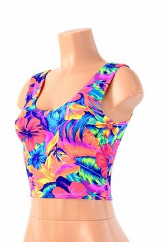 Neon UV Glow Tahitian Floral Print Scoop Neck Crop Top Festival Clubwear Rave EDM 154317 Fitted Hawaiian Multicolor Swimwear, Multicolor Fitted Hawaiian Swimwear, Fitted Multicolor Hawaiian Swimwear, Fitted Tropical Colorful Swimwear, Fitted Colorful Tropical Swimwear, Glove Top, Neon Top, Rave Edm, Scoop Neck Crop Top