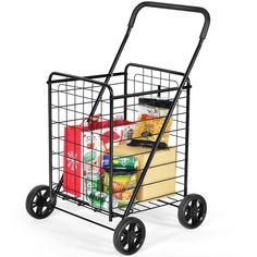 a shopping cart filled with groceries on wheels