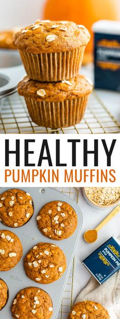 healthy pumpkin muffins with text overlay