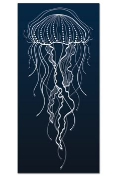 a black and white drawing of a jellyfish on a dark blue background with lines