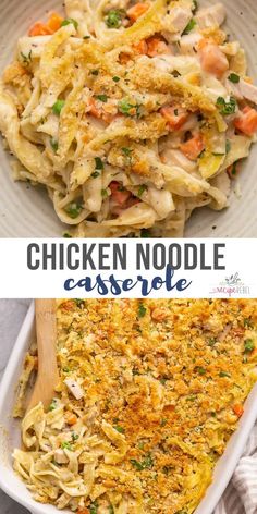 chicken noodle casserole with carrots and parsley in a white dish