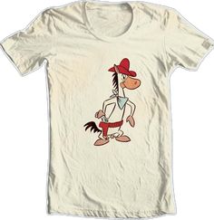 a white t - shirt with an image of a cartoon horse wearing a red hat