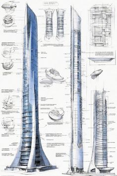 an architectural drawing of a tall building