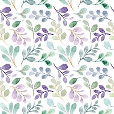 watercolor leaves and branches on a white background with green, purple, and blue colors