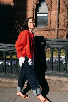 Week of Outfits: Mya Gelber | Cup of Jo Week Of Outfits, Beauty Uniforms, This Time Tomorrow, Cup Of Jo, Of Outfits, Red Sweater, Autumn Outfit, The Colour