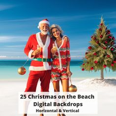 two people dressed as santa and mrs claus on the beach with christmas tree in background