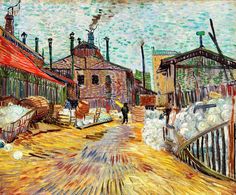 the factory by vincent van gogh on display in a white wall with an artistic painting above it