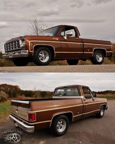 two pictures of a brown truck parked in a parking lot