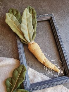 two framed pictures with leaves on the floor and one has a single leaf attached to it