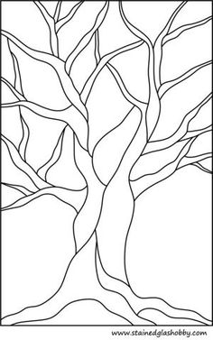 a stained glass tree with no leaves in the middle and branches on each side, black and white