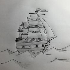 a drawing of a ship in the ocean