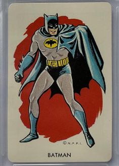 a batman playing card with an image of the character in it's costume and cape