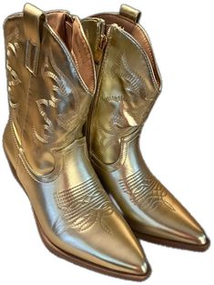 Gold Ankle Boots For Fall, Trendy Gold Boots For Spring, Gold Snip Toe Boots For Fall, Trendy Gold Boots For Fall, Trendy Gold Leather Boots, Casual Gold Pointed Toe Boots, Gold Ankle Boots For Winter, Gold Western Boots For Winter, Western Gold Boots With Pointed Toe