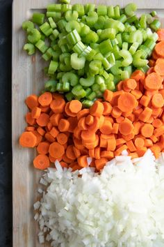 chopped carrots, celery and onions on a cutting board