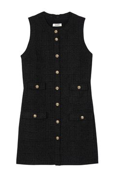 Short sleeveless tweed dress with round neckline, button fastening and patch pockets with flaps. Sandro Women's short tweed dress Shift dress Round neck Sleeveless Button fastening with gold buttons Flap pockets The model is 5'8 tall and wears a size 4