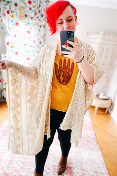 The Zoya Zig Zag Embroidered Kimono is the perfect layering piece for any outfit. Whether you later it over a graphic tee or a pretty little cami tank it’s sure to heighten the style factor of any outfit you pair it with. 100% Acrylic One size fits sizes S - 3XL Measures 45” x 31” Traci (that’s me with the crazy color hair!) is 5’3 and a size 18-20 Bohemian Beige Loungewear Tops, Bohemian Beige Tops For Layering, Beige Bohemian Tops For Layering, Cream Cotton Tops For Festival, Spring Cream One Size Tops, Crazy Color, Dress Layer, Embroidered Kimono, Swimwear Sets