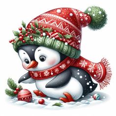 a penguin wearing a christmas hat and scarf