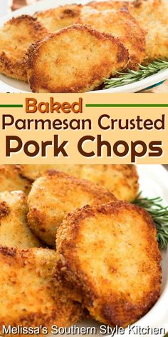 baked parmesan crusted pork chops on a white plate