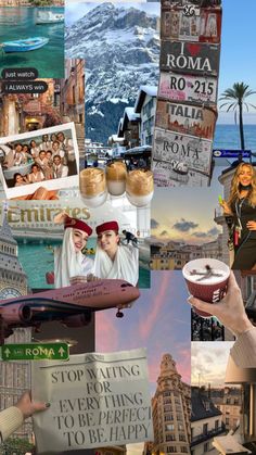 a collage of photos with people holding signs and buildings in the background, including an airplane